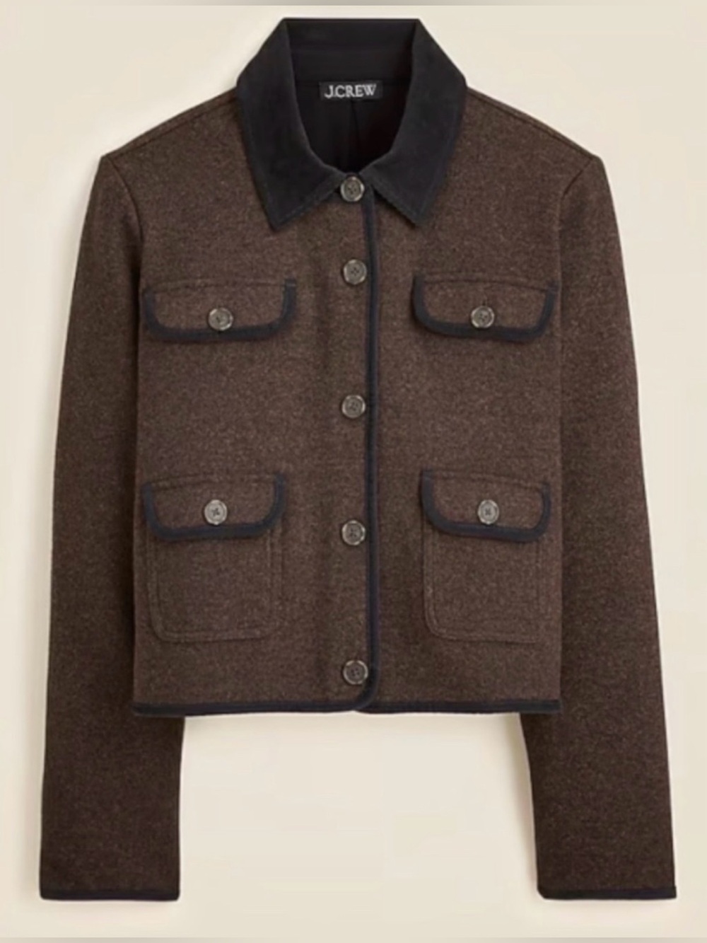 J. Crew Brown Wool-Blend Button Front Jacket with Dark Trim